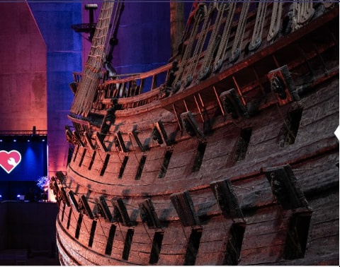 The Vasa ship illuminated inside the museum