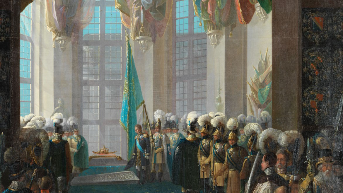 Målning av Gustav II Adolfs begravning, kistan står öppen framför stora fönster och Kung Karl XIV står till höger om kistan, fanor vajar i taket